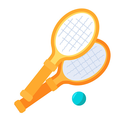 Set of tennis rackets and ball for playing tennis. Sports equipment for active recreation. Summer vacation icon. Simple flat cartoon vector isolated on white background