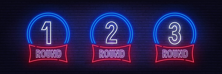Round One Two Three neon sign on brick wall background. Vector Set for Boxing or Other Sports Event
