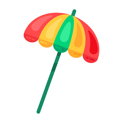 Multi colored beach umbrella on stick. Beach accessory for sun protection. Summer vacation icon. Simple flat cartoon vector isolated on white background