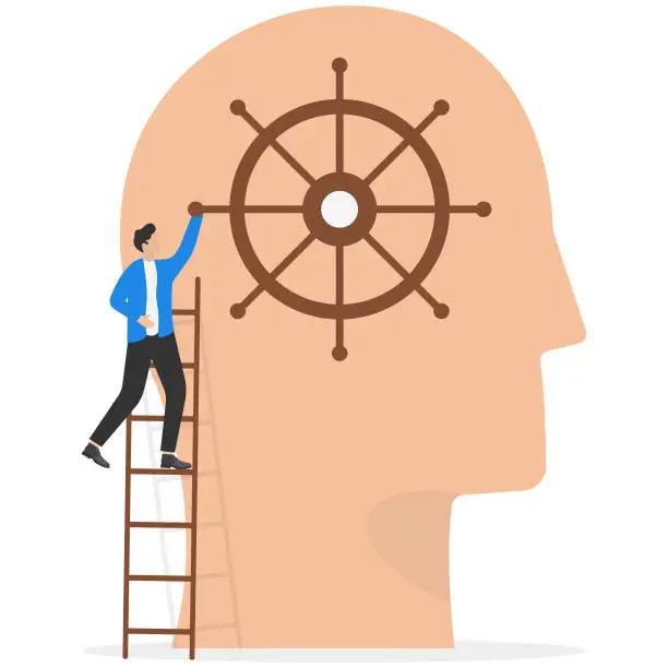 Vector illustration of Self control or leadership thinking for business decisions or guidance to the right direction, motivation, mindset or consciousness concept, businessman leader control steering wheel helm on his head.