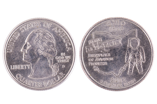 Commemorative quarter dollar State Of Ohio, obverse and reverse. The 50 State Quarters Program was the release of a series of circulating commemorative coins by the United States Mint.