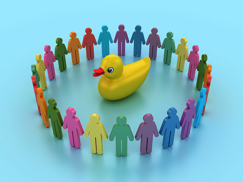 3D Duck with Pictogram Teamwork People - Colored Background - 3D Rendering
