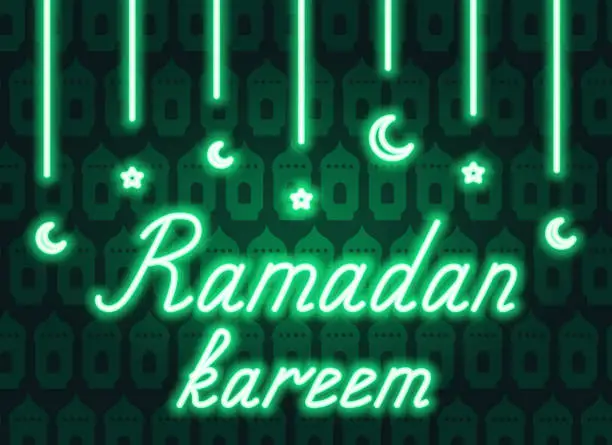 Vector illustration of Ramadan Kareem. Garland of crescent and star. Neon green handwritten text. Background of lanterns.