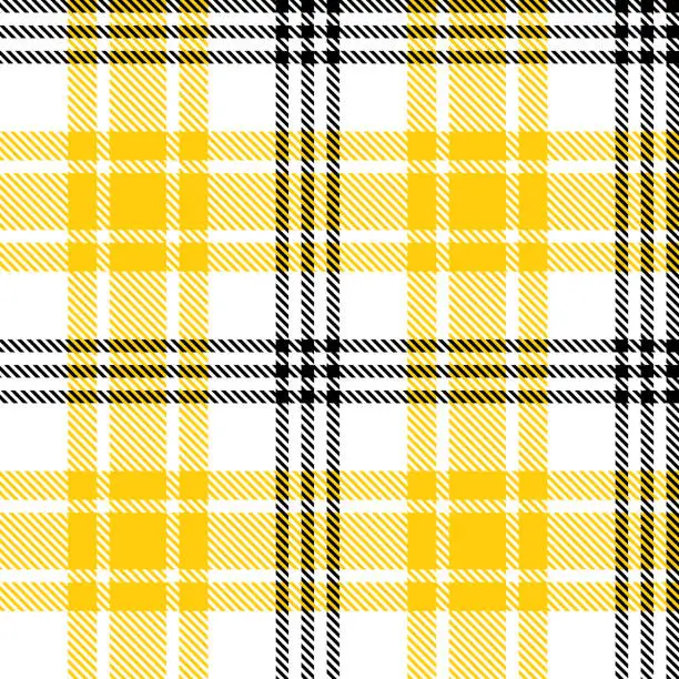 Vector illustration of Yellow, white and black color striped lines tartan check seamless plaid pattern background for textile design.