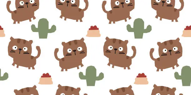 Vector illustration of Hand drawn cute little kitten kids drawing style seamless pattern