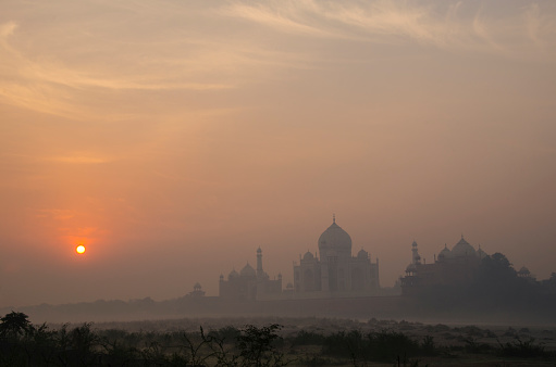 Taj Mahal during Sunrise in winter season, soft focus, Agra, Uttar Pradesh, India.