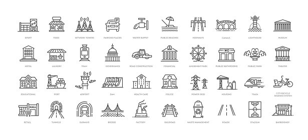 Outline icon collection. Urban environment, city development and street transportations
