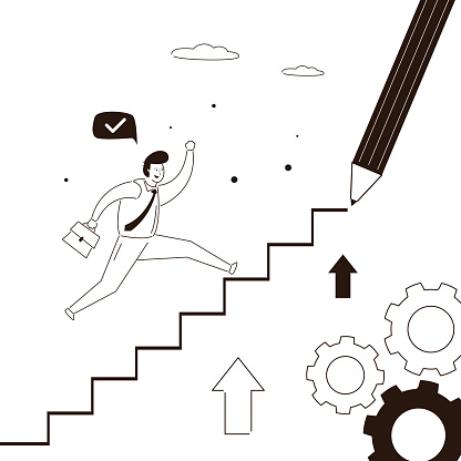Pencil draws career ladder or way to success. Ambitious student, newbie businessman climbing stairs. Mentorship, business support, help improving skills and development. Line art. vector illustration