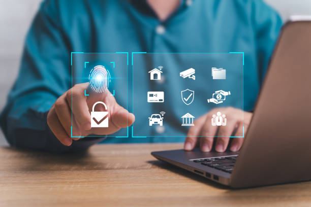 istock Cybersecurity of Personal online security on Internet system concept Businessmen fingerprint on virtual screen and use laptop protection Personal data, Bank, Credit Card codes, home, car, IP camera 2133009558