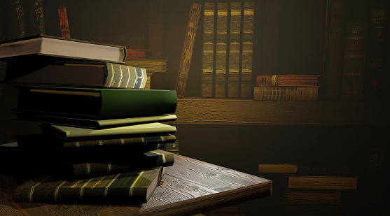 Stack of old books on shelf. 3D render illustration.