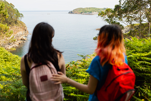 Two young girls, out of focus in the foreground, enjoy a hike through the woods to a natural beachfront by the sea, focus in the background
