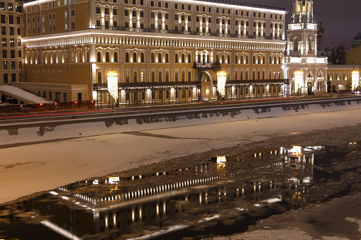 Winter view of Sofia embankment from the Bolshoi Moskvoretsky bridge. Moscow, Russia, December 25, 2018.