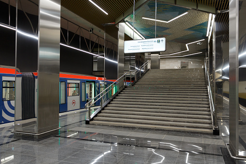 Kosino subway station. Moscow Metro station on the Nekrasovskaya Line. Exit to the city and transition. Moscow, Russia, June 03, 2019.