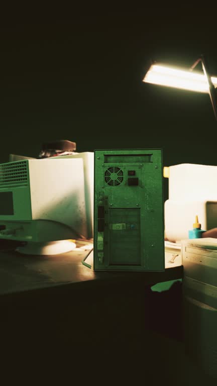 vertical format of old vintage personal computer workspace