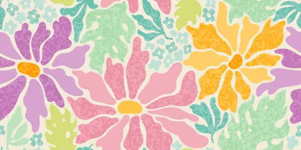 Vector illustration of Retro groovy floral background. Abstract pattern with cute spring daisy flowers and leaves in y2k style with grunge texture. Vintage seamless pattern with psychedelic plants, vector illustration