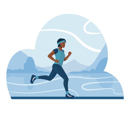 Side view of a black woman running outdoors. Sporty young female jogging. Figure is in motion, full-length portrait with minimalist background. Healthy lifestyle vector illustration.