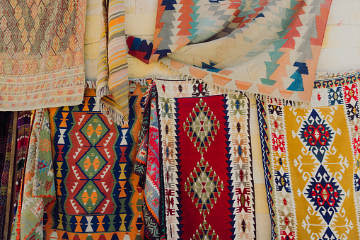 View of colourful authentic Turkish carpets at the market in Goreme, Middle East
