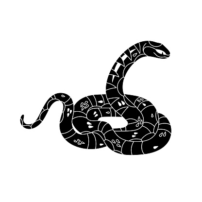 Attack snake silhouette. Monochrome viper in defending posture. Black serpent with patterned scale, ornamented skin. Angry cold blooded animal line art. Flat isolated vector illustration on white.