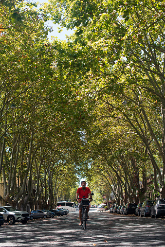 Man pedaling a tourist bike down a street in Colonia del Sacramento in Uruguay
