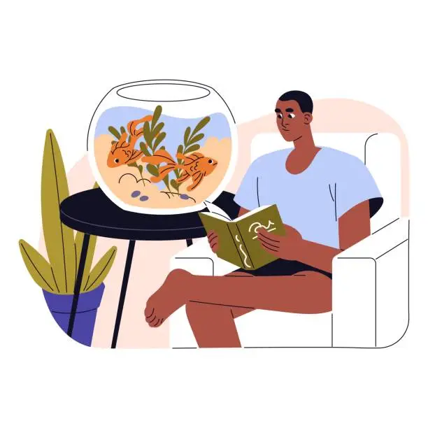 Vector illustration of Exotic goldfishes swim in water. Pet animals owner rests, looking on golden fishes in aquarium. Young man sits in armchair, reads book, studies. Flat isolated vector illustration on white background