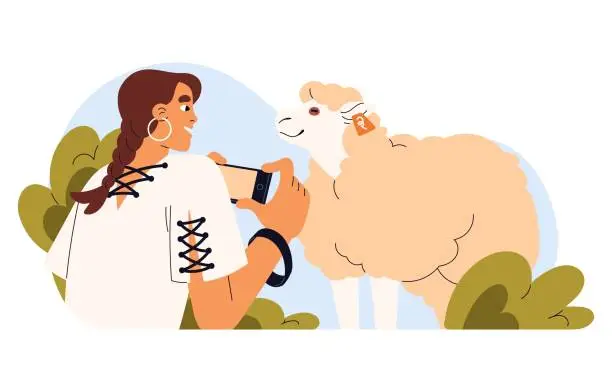 Vector illustration of Happy girl takes photo of cute sheep. Young woman photography furry lamb by smartphone. Farm pet, domestic animal, livestock in petting zoo. Flat isolated vector illustration on white background