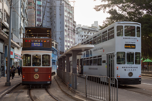 Hong Kong - March 27, 2024 : Happy Valley Tram Terminus in Hong Kong Island, Hong Kong. It provide services to Kennedy Town, Western Market, North Point, Whitty Street, Causeway Bay and Shau Kei Wan.