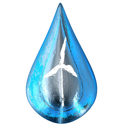3d render. Blue water drop with Windmill on white background.