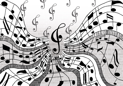 Black notes for music sound and music notes decorative background of tune quaver. vector musical poster of note staff line for music school or orchestra concert banner design