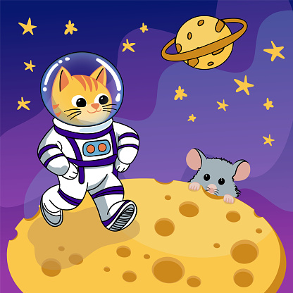 A cat astronaut in a spacesuit landed on a cheese planet with mice. Open space. Flat vector style. For children, covers, books.