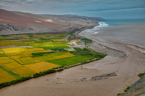 View from the Pan Americana South of the mouth of the Rio Ocona in the Pacific Ocean. Oasis with a fertile valley with many agricultural areas. Peru