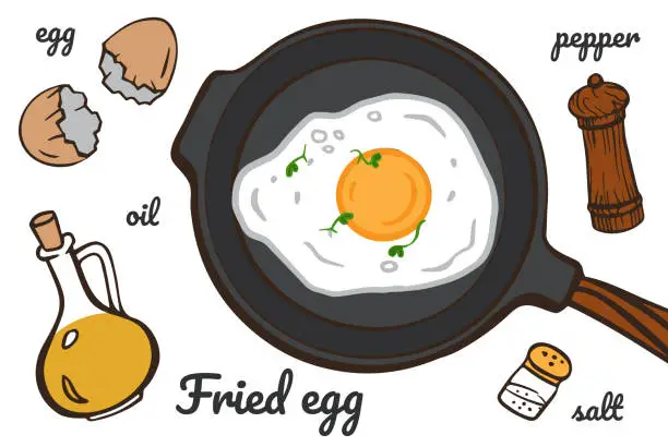 Vector illustration of Fried egg recipe with eggs, oil, salt, pepper. Breakfast Vector illustration cartoon  isolated on white for menu restaurant, cafe, poster, flyer, cookbook, coupon design. Top view sandwich on plate