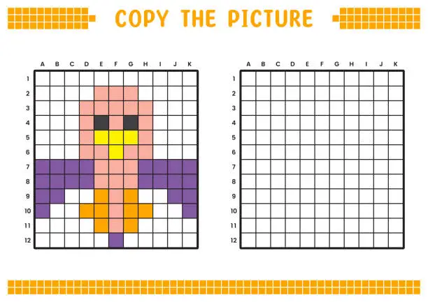 Vector illustration of Copy the picture, complete the grid image. Educational worksheets drawing with squares, coloring cell areas. Preschool activities, children's games. Cartoon vector illustration, pixel art. Pink bird.