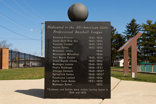 Rockford, Illinois - United States - March 28th, 2024: Baseball monument at the Beyer Peaches Stadium in Rockford, Illinois, USA.