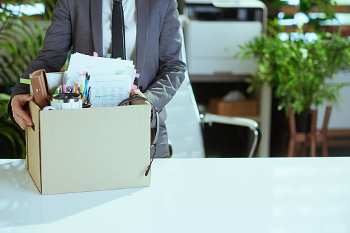 New job. Closeup on modern female employee in modern green office in grey business suit with personal belongings in cardboard box.