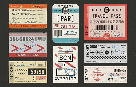 Weathered tickets, baggage tags and rubber stamps. Weathered, textured design elements.