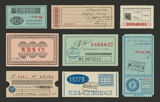 Set of vintage ephemera, tickets, rubber stamps, labels and documents.
