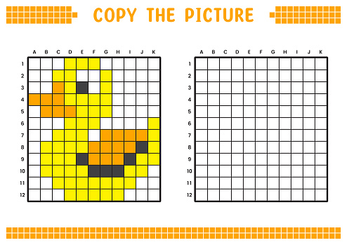 Copy the picture, complete the grid image. Educational worksheets drawing with squares, coloring areas. Preschool activities, children's games. Cartoon vector illustration, pixel art. Yellow duck.
