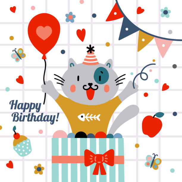 ilustraciones, imágenes clip art, dibujos animados e iconos de stock de cute cat is celebrating his birthday. - cake pie apple pie apple