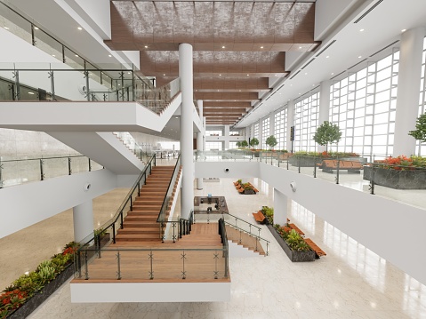 3d render of modern office building interior with stairs and plants.