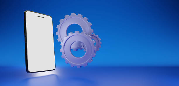 istock Gears. Smartphone service concept. Gearing on laptop. 3d render. 2133243568