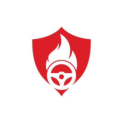 Fire driver logo vector design template. Car steering wheel burning fire logo icon vector illustration design.