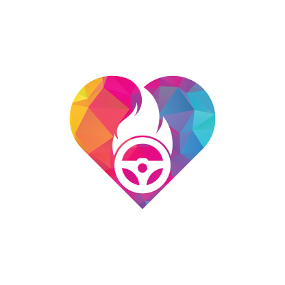 Fire driver heart shape concept logo vector design template. Car steering wheel burning fire logo icon vector illustration design