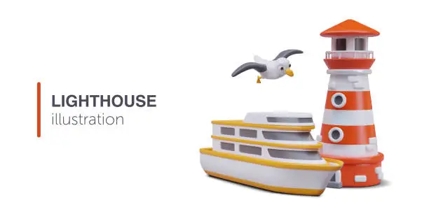Vector illustration of 3D lighthouse, yacht, seagull. Sea travel concept. Ocean tour