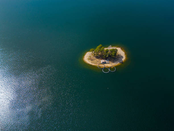 High angle aerial view of a a fish farm