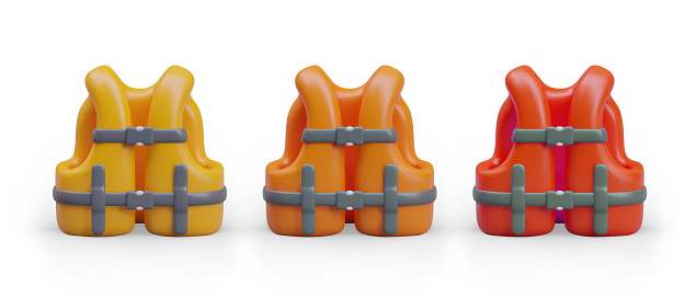 Yellow, orange, red inflatable life jackets. Personal flotation device, PFD. Safety on water. Protection for swimmer. Life preserver. Vector set of illustrations