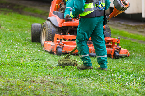 Two lawn care workers in reflective clothing mow and trim the grass, showcasing the maintenance of greenery in public or residential areas
