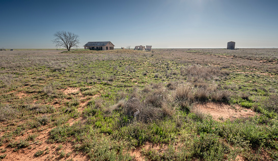 Old abandoned farm buildings on the desert near Wellman, Texas, USA