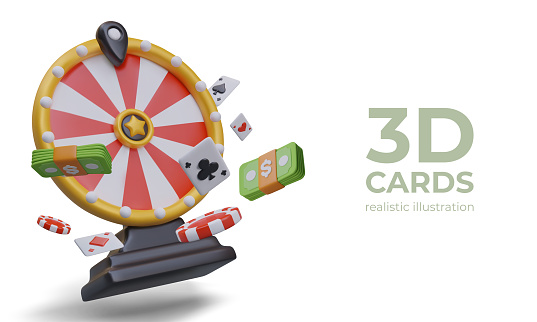 Realistic wheel of fortune, green banknotes, playing cards, chips. Motion effect. Isolated vector composition for online casino. Modern gaming business