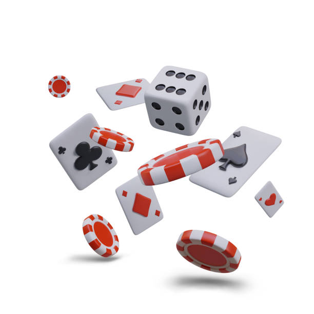 Realistic composition with flying red chips, flying playing cards, and game cube Realistic composition with flying red chips, flying playing cards, and game cube. Concept of playing casino online. Vector illustration in 3D style with place for text cartoon of a gambling stock illustrations