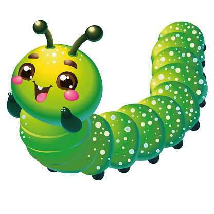 This vector illustration features a cheerful green caterpillar, rendered in a playful and child-friendly style. The character is depicted with vibrant colors and a friendly smile, set against a simple background to highlight its cute and colorful design. Ideal for use in children's books, educational materials, or nature-themed projects